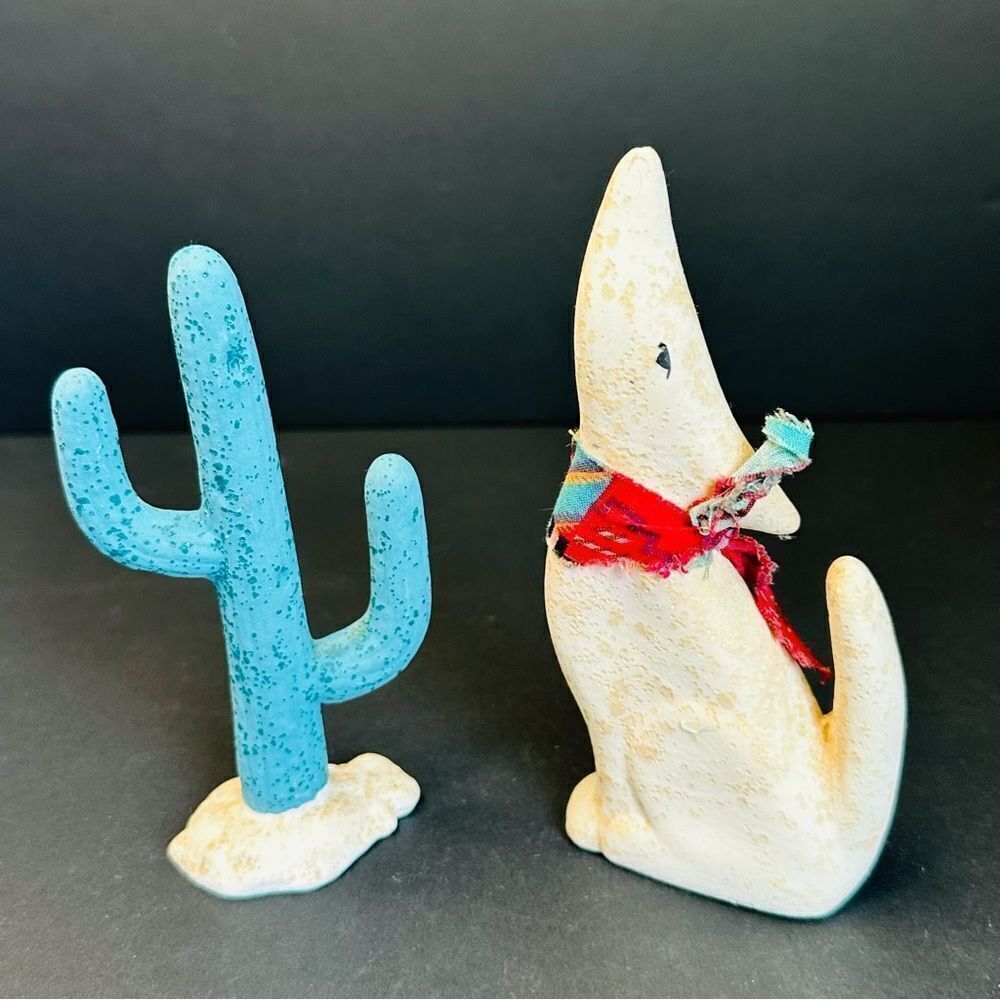 Coyote And Cactus Ceramic Southwest Figurines 5 In.